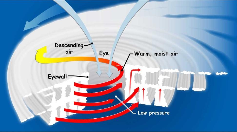 Red arrows within a swirling white cyclone represent the air flow inside and surrounding a tropical cyclone. 