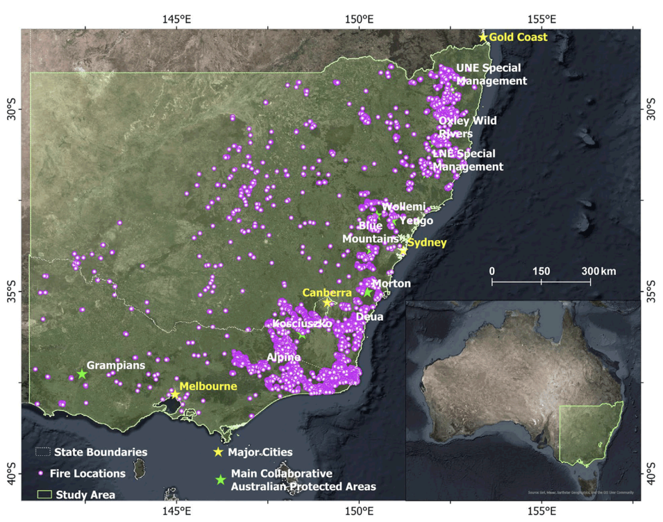 This map shows the are discussed in the 2024 study, “Examining wildfire dynamics using ECOSTRESS data with machine learning approaches: the case of South-Eastern Australia's black summer” by Zhu, et al.
