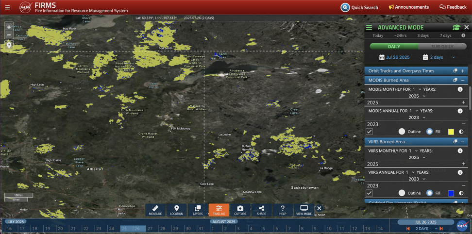 Image of MODIS and VIIRS burned area products for 2023 for areas of Alberta and Saskatchewan, Canada