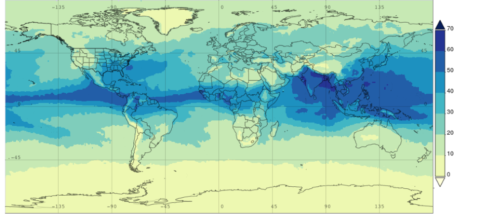 World map showing light greens and yellows at top and bottom, with darker greens and blues along the equator, showing the monthly average daily TCWV from AIRS for July 2025.