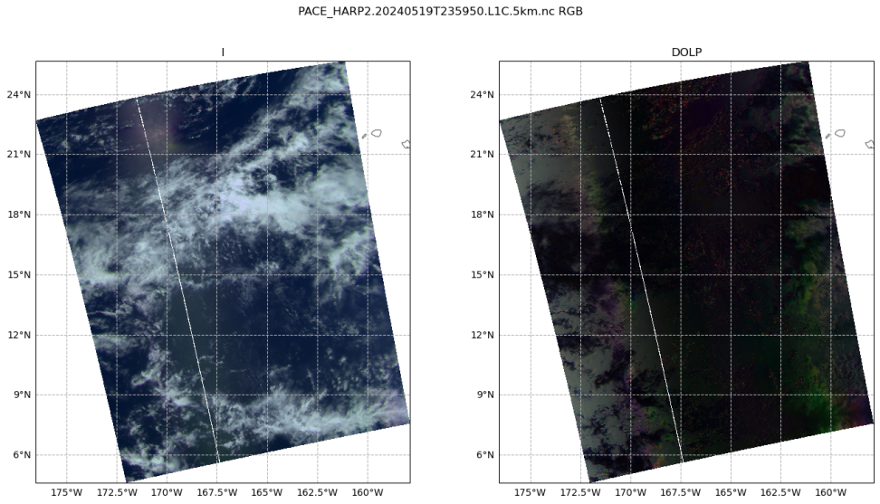collage of 2 PACE swaths showing cloud cover