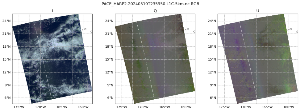 collage of PACE data swaths of clouds over the Pacific Ocean
