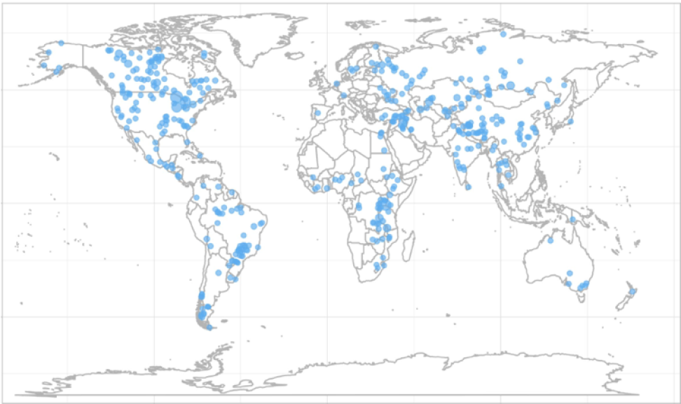 Map showing the location of the global lake and reservoir targets.