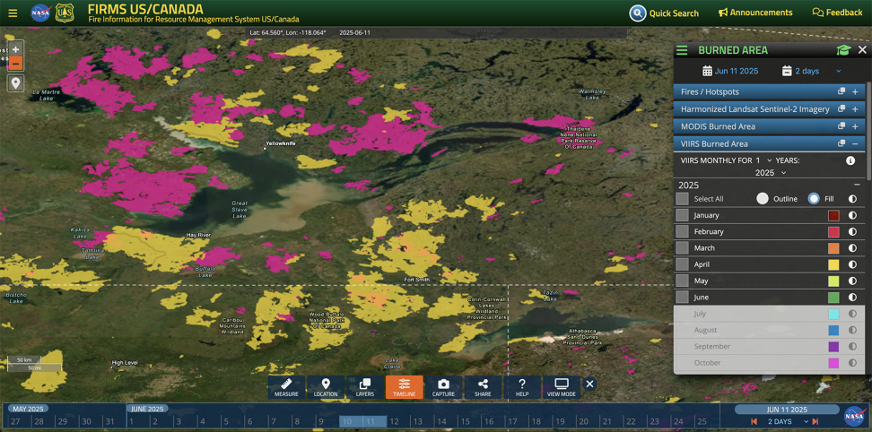 Annual burned area for parts of the Northwest Territories and Northern Saskatchewan based on the VIIRS product for 2023 and 2014.