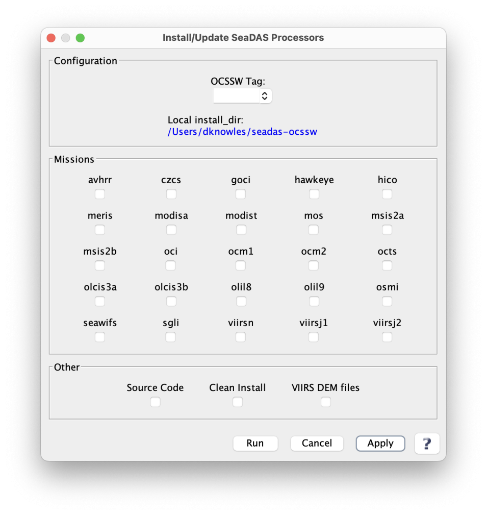 The SeaDAS dashboard showing how to install/update processors.