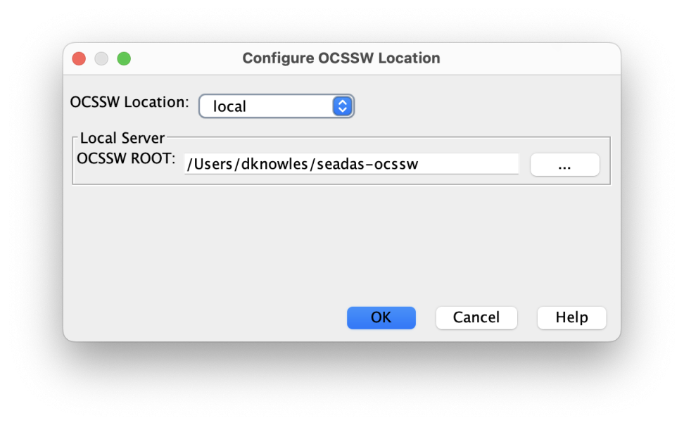 The SeaDAS dashboard showing how to configure OCSSW location.