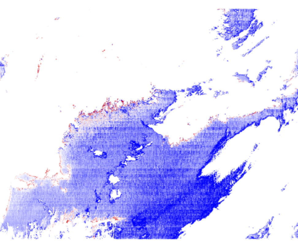 This image shows splotches of red, white, and blue pixels on a white background.