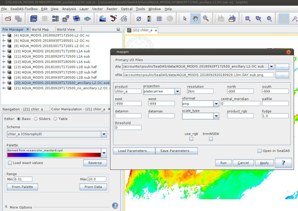 This image shows examples of different windows, entry fields, and buttons used to operate the Mapgen software. The software windows are largely gray with white entry fields and colorful displays of visual data.