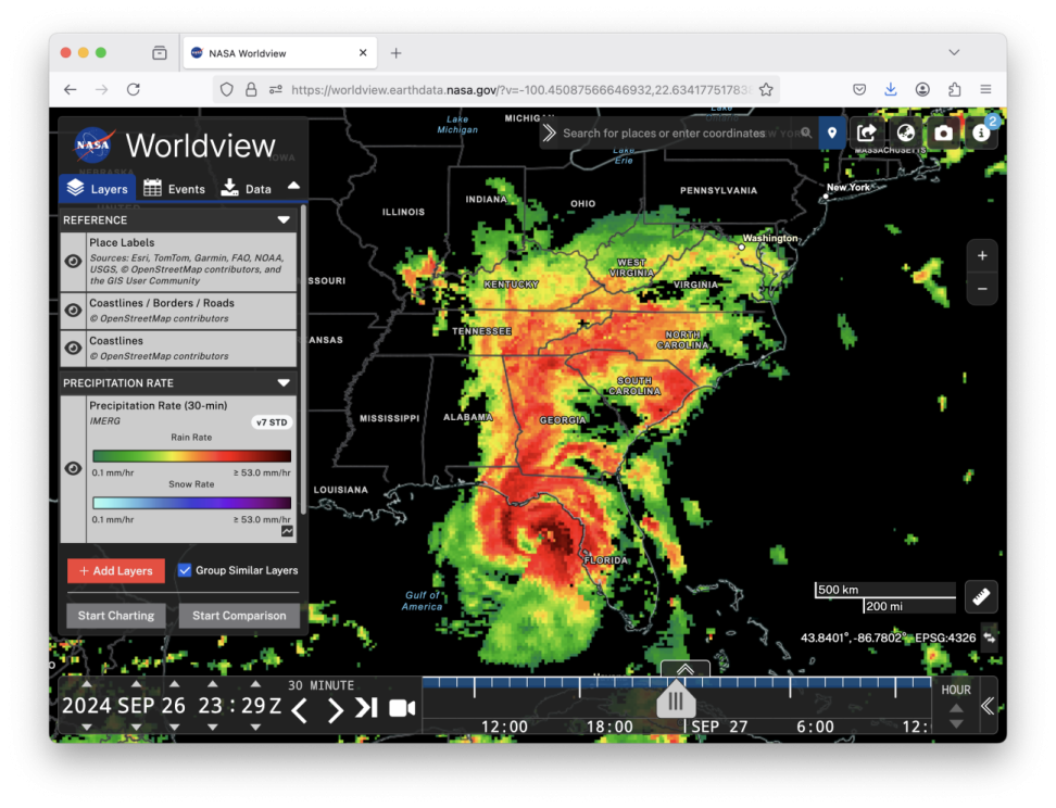 An IMERG snapshot of the precipitation falling from Hurricane Helene as displayed in NASA's Worldview website.