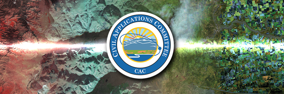 Civil Applications Committee seal over blended satellite imagery, symbolizing coordination of remote sensing data for civil applications.