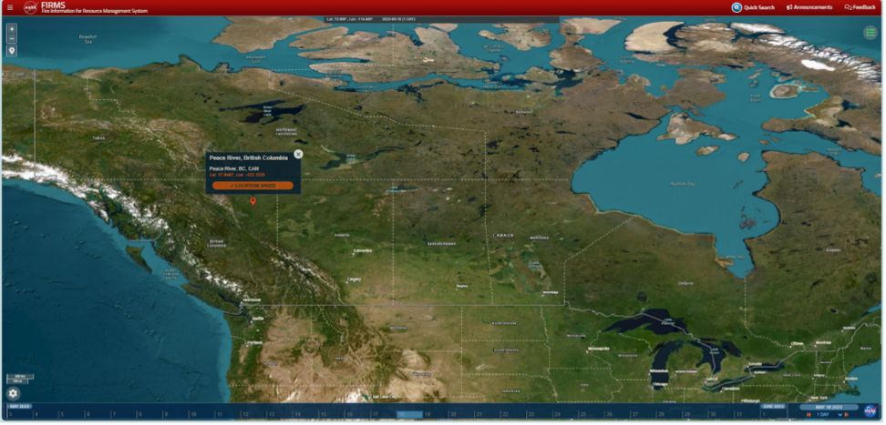 Map showing the location of the Donnie Creek Fire near Peach River in northeast British Columbia.
