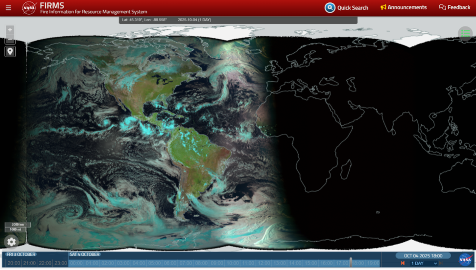 The Geostationary Ring Natural Color RGB imagery global mosaic displayed in the FIRMS map viewer. 