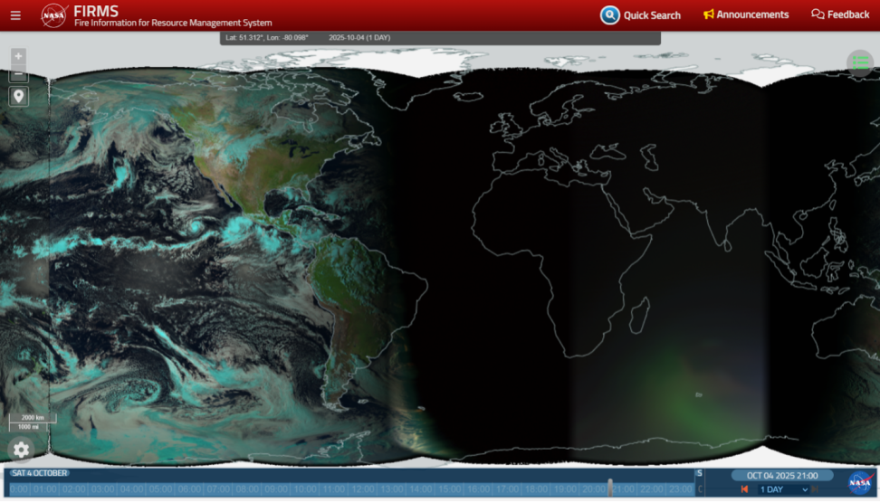 The Geostationary Ring Natural Color RGB imagery global mosaic displayed in the FIRMS map viewer. 