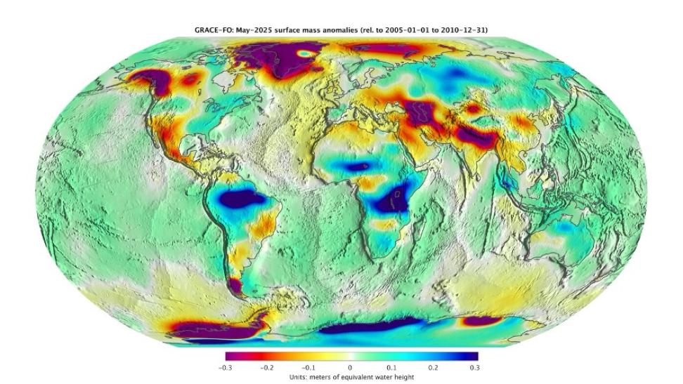 Global surface mass anomalies observed by the GRACE/GRACE-FO satellites (for the month of May 2025 relative to the 2005-2010 gravity field)