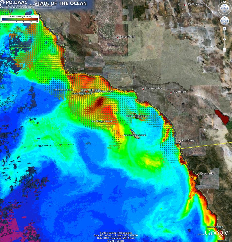 Satellite imagery of chlorophyll and surface currents in Southern California on October 7, 2011.