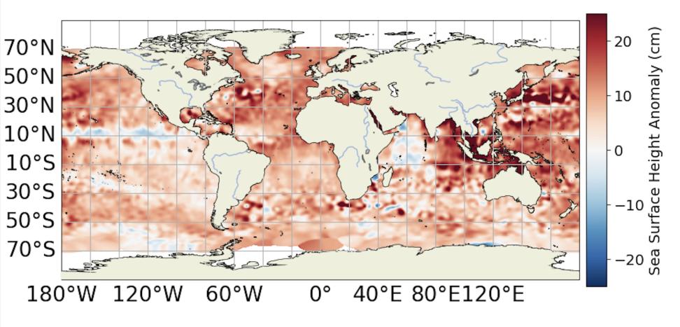Gridded ocean height measurements from Sentinel-6 Michael Freilich observations from the 8th to the 17th of October, 2025. 
