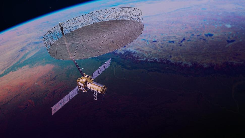 This artist's concept depicts the NISAR satellite orbiting Earth.