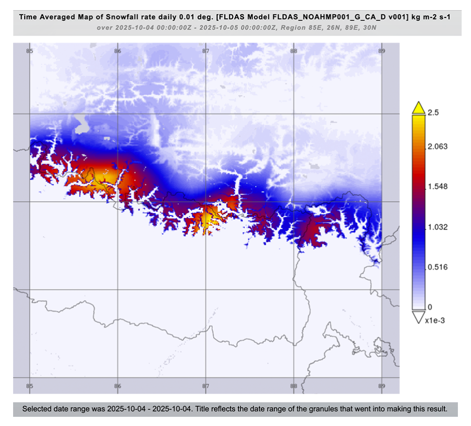Daily snowfall rate from FLDAS for October 4, 2025.