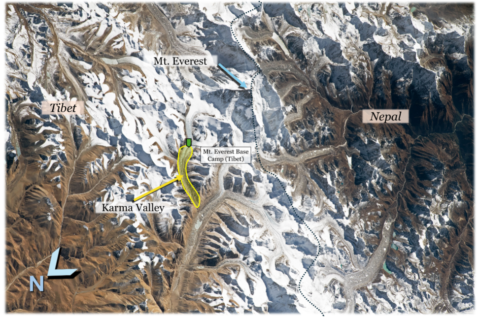 Aerial view of Mt. Everest showing the location of Base Camp.