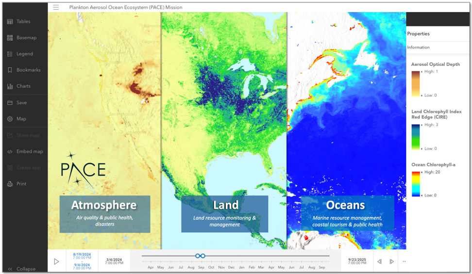 Simulated image of NASA's GIS web-based Map Viewer tool and 3 different PACE imagery services.