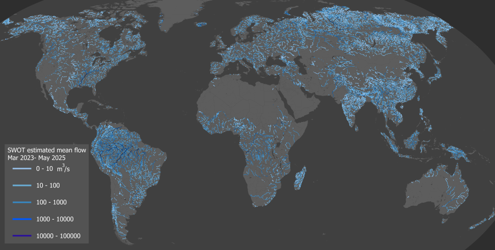 Visualization of global river flow data collected by SWOT.