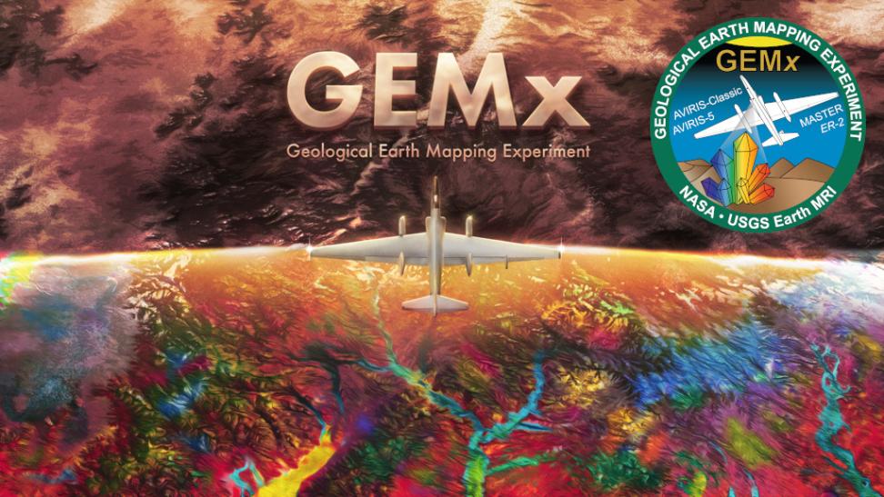 Conceptual illustration depicting the ER-2 aircraft and the AVIRIS instrument searching for critical minerals as part of the GEMx campaign.