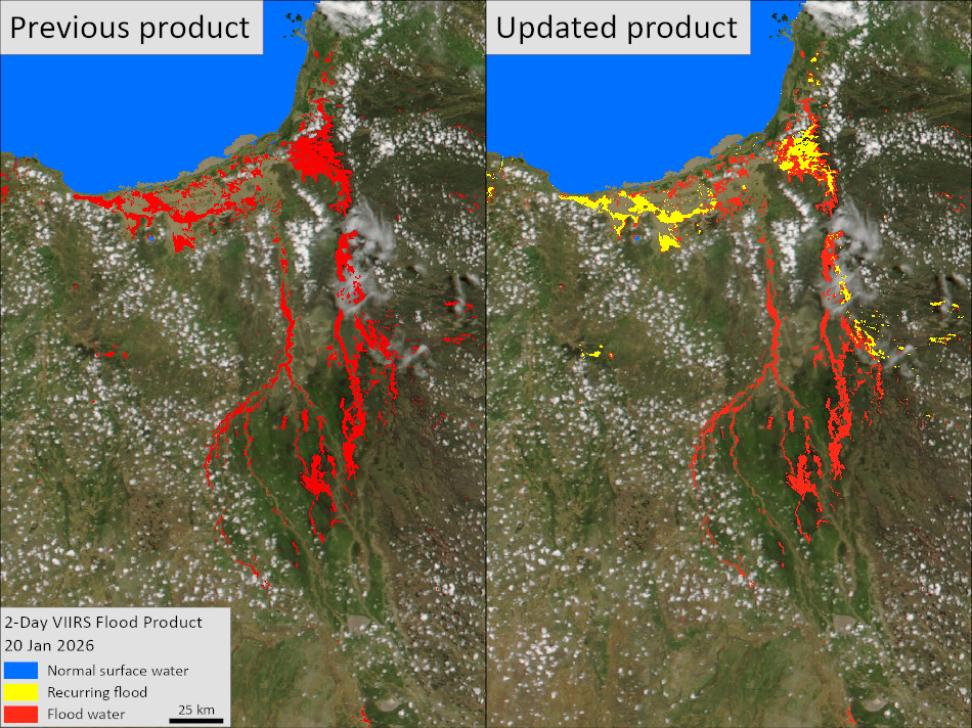 Maps based on current and historical data distinguish new from recurrent flooding near the Gulf of Carpentaria in Queensland, Australia.