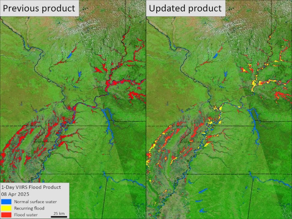 Maps based on current and historical satellite data show distinguish new flooding from repeat flooding along the Ohio and Mississippi river basins.