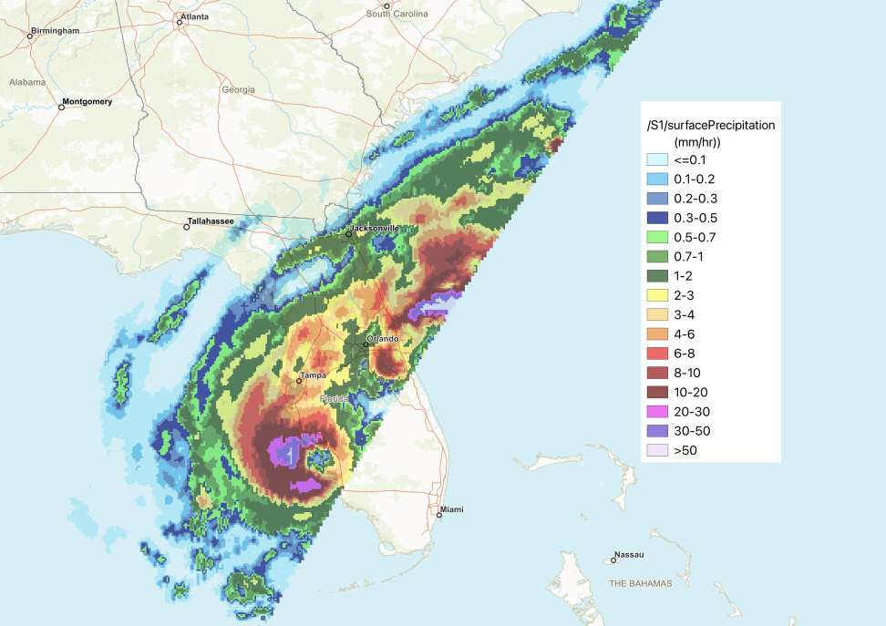 A map based on data from the GPM Microwave Imager shows rainfall rates within Hurricane Ian on September 28, 2022.