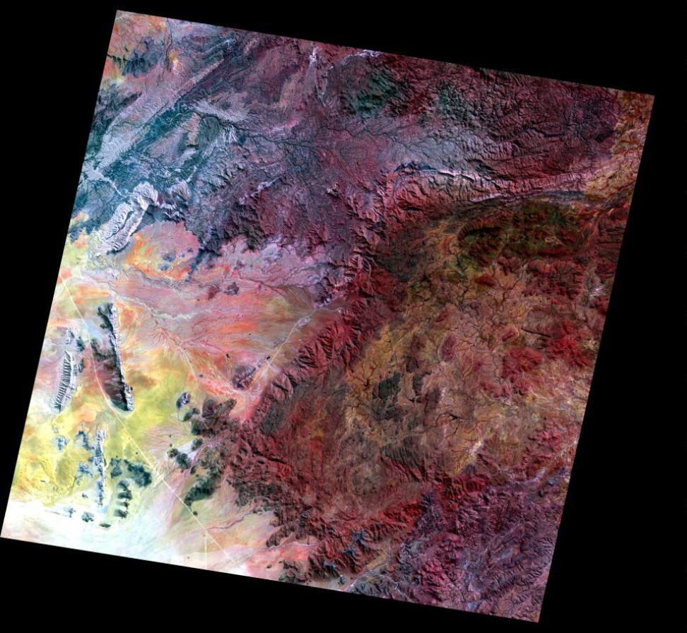 An ASTER false-color satellite image shows minerals in the Namib sand sea of Africa.