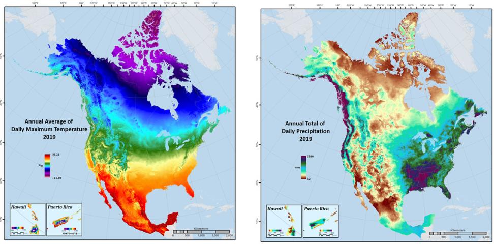 Maps of Daymet annual average of daily maximum temperature and annual total of daily precipitation in 2019