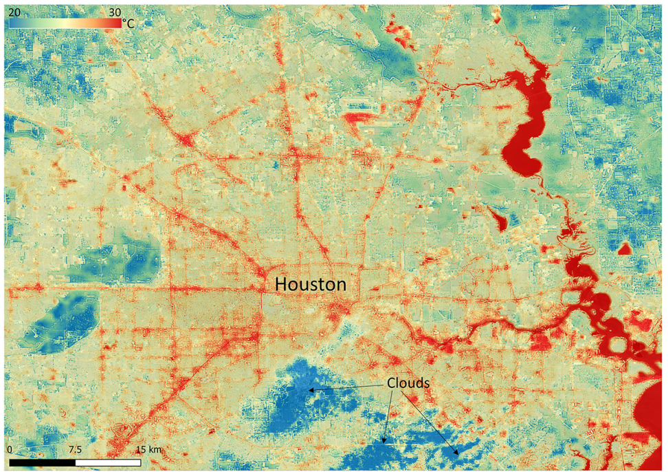 A map of Houston, based on data from the ECOSTRESS instrument, shows how built-up urban areas grow much hotter than surrounding lands.