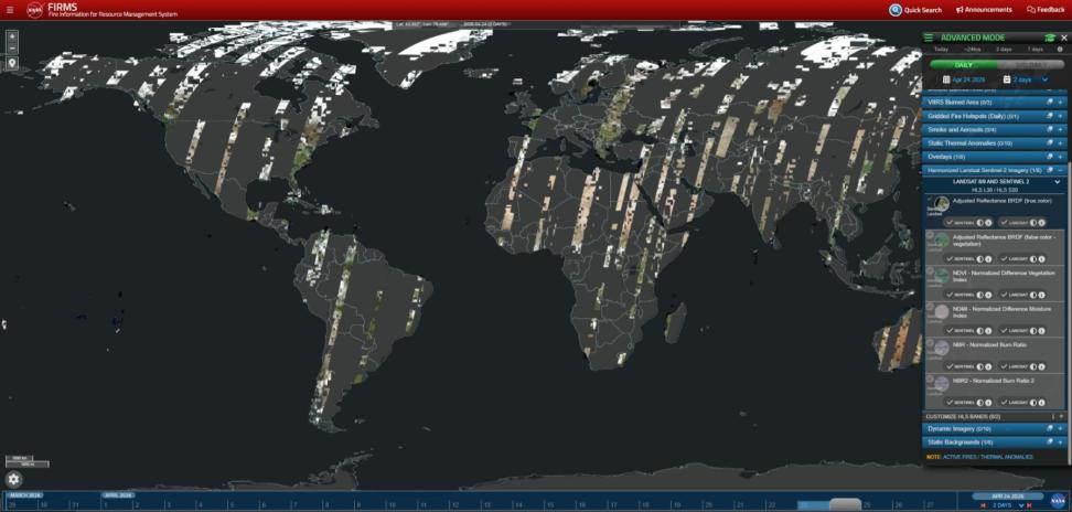 Toggle layers in the FIRMS dashboard to switch between either Landsat or Sentinel views.