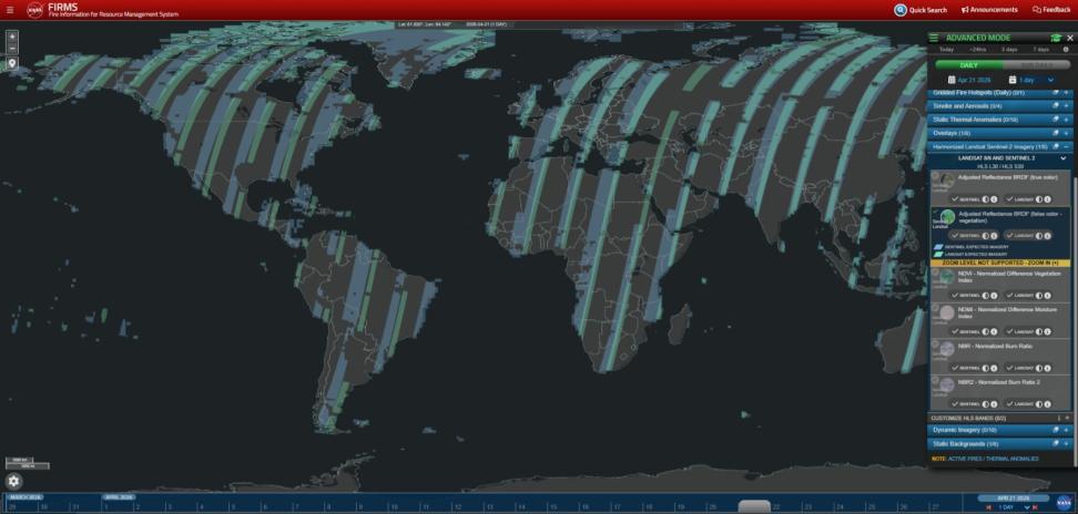 The FIRMS dashboard shows blue and green tiles to indicate where HLS has captured scenes on a given day.