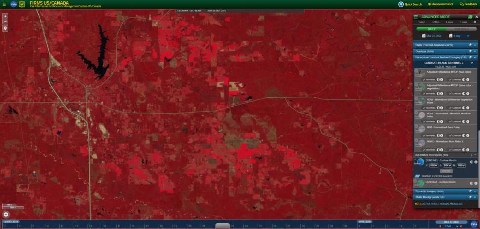Sentinel false-color imagery embedded in the FIRMS portal makes it easier to detect healthy vegetation..