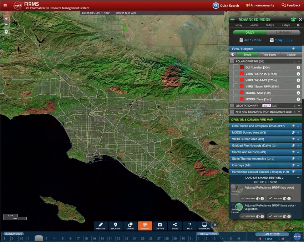 This image, built by integrating the TiTiler-CMR into the NASA FIRMS portal, distinguishes burned areas from healthy vegetation around the January 2025 Palisades and Eaton Fires in Southern California.