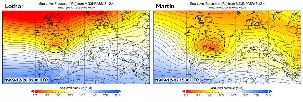 Maps show the sea level pressure of storms Lothar and Martin.
