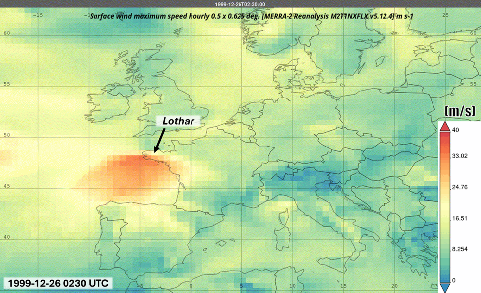 Maps generated by the MERRA-2 model show wind speeds for Storm Lothar.