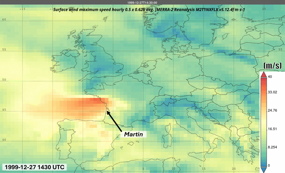 The map depicts maximum hourly wind speeds for Storm Martin.