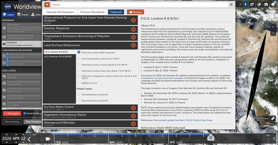 Screenshot of the Worldview application displaying step 4 of the customize HLS RGS imagery composites in Worldview tutorial where HLS is selected in the layer picker