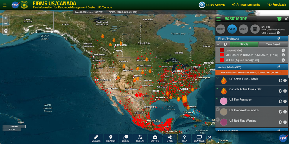 A screenshot of the FIRMS dashboard shows active fire detections across North America.