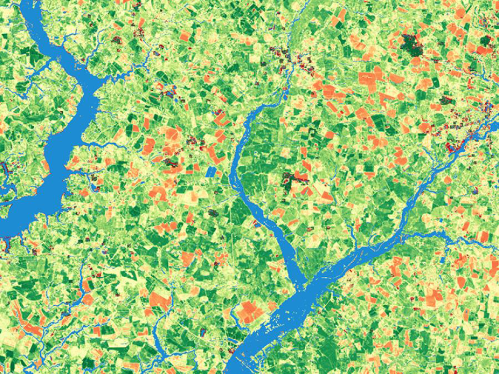 A portion of the Chesapeake Bay watershed is shown through the lens of vegetation health mapping (NDVI).