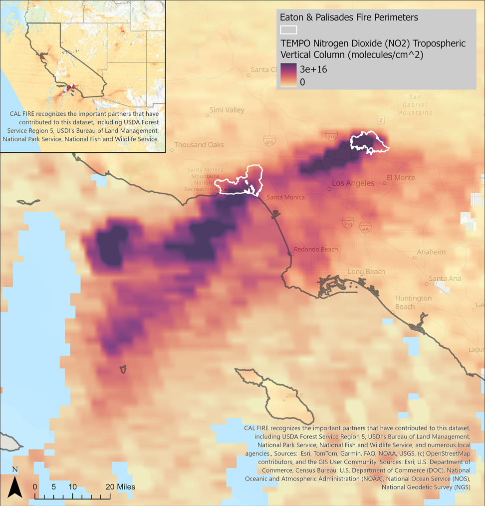 This map shows TEMPO observations of nitrogen dioxide plumes over Los Angeles County on January 8, 2025, during the Palisades and Eaton Fires.