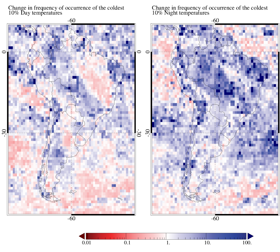 There are two images showing the change in frequency of occurence of coldest daytime and nighttime temperature anomalies calculated using AIRS retrievals. The base period of AIRS observations starts in September, 2002, the first full month of good quality AIRS data.