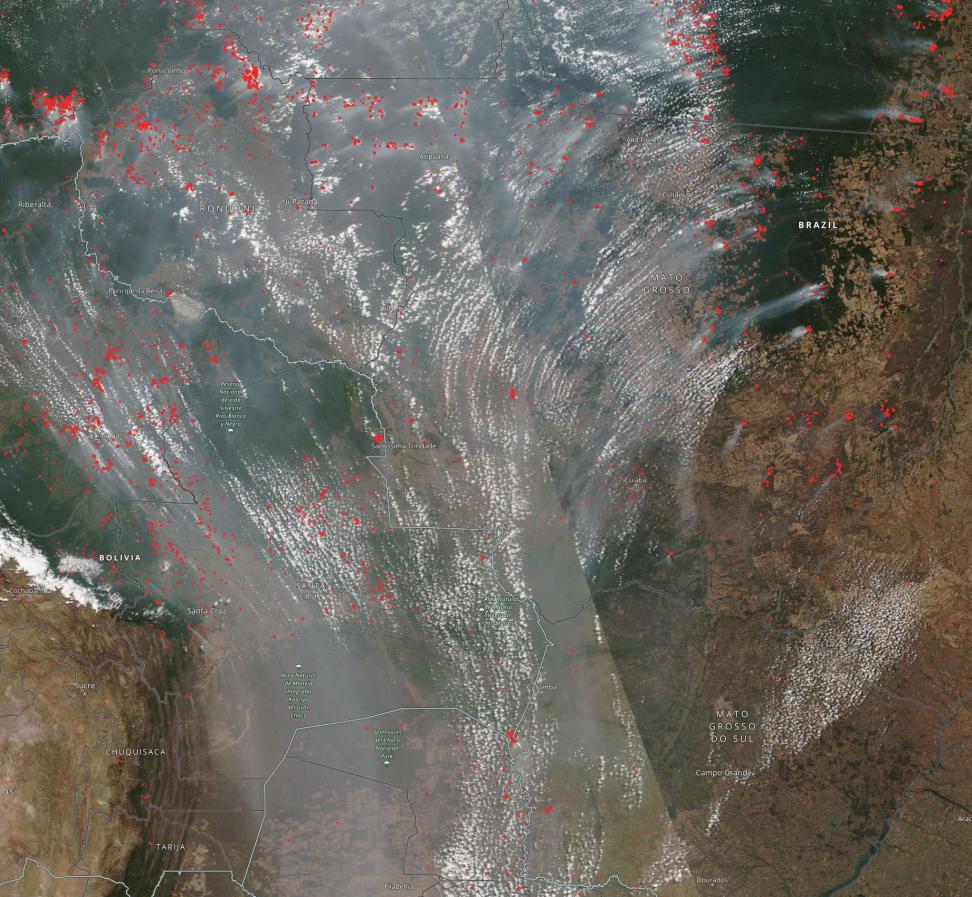 This is an image of smoke from fires near the Brazil-Bolivia-Paraguay border on September 1, 2022.