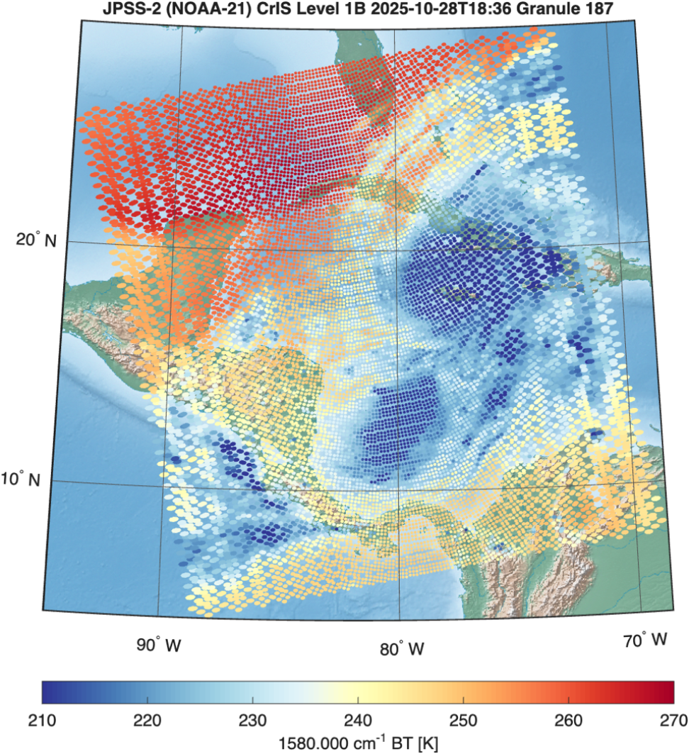 Map. of CrIS L1B 1580 cm-1 brightness temperature data over North America from the JPSS-2 satellite.