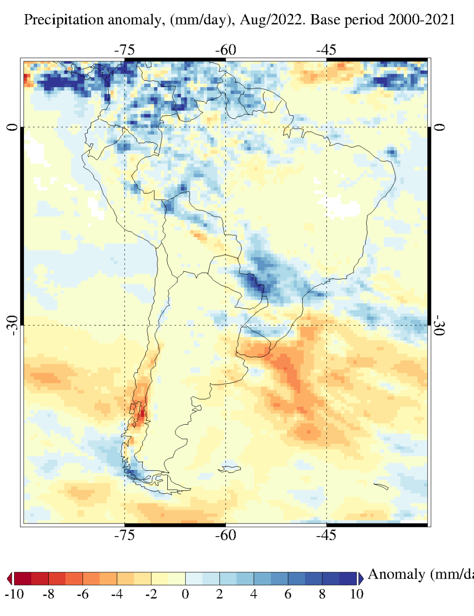 This is an anomaly map of the Integrated Multi-satellitE Retrievals for Global Precipitation Measurement (IMERG) Late precipitation anomalies expressed as departures from the climatological mean (base period 2000-2021) for South America during August 2022.