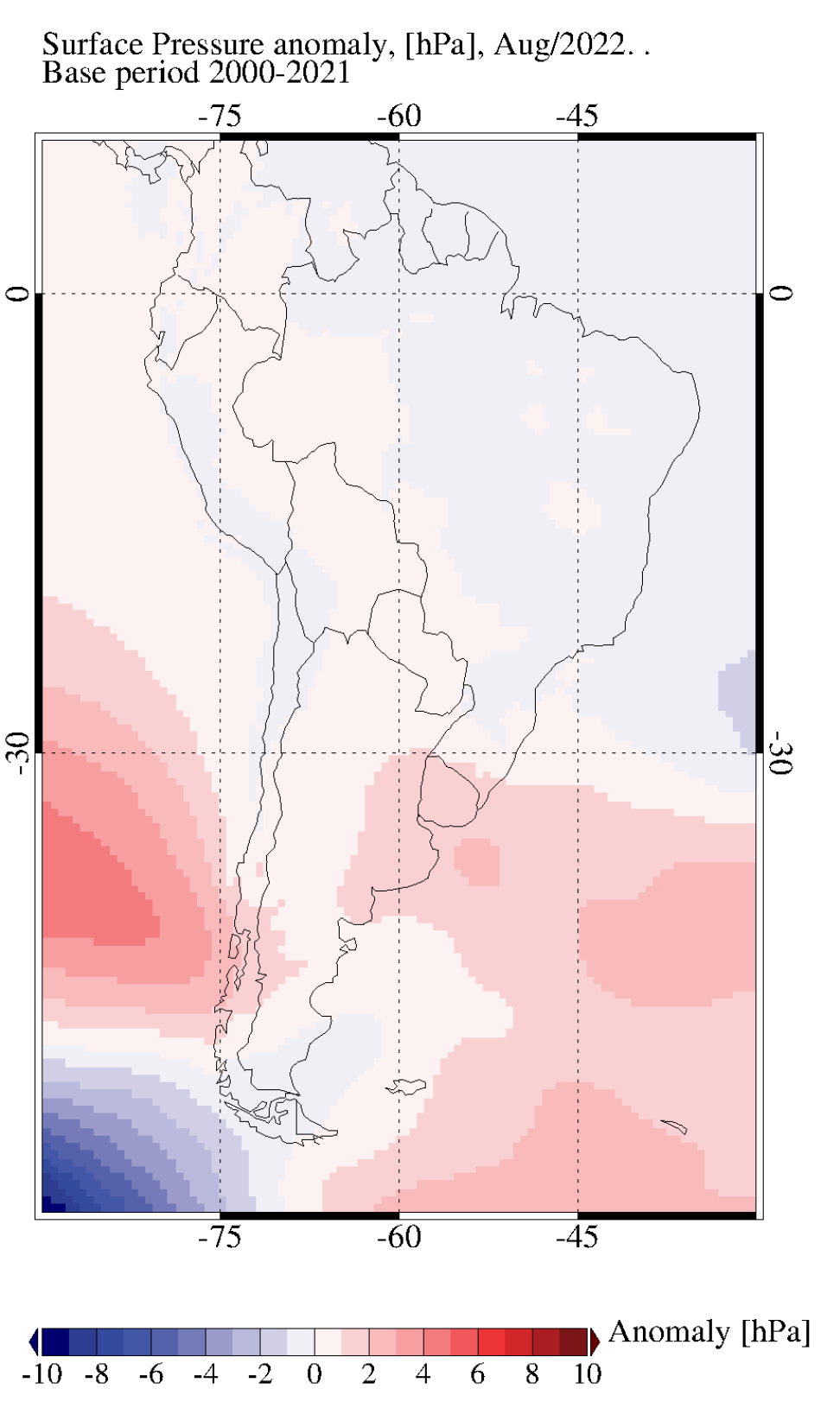 MERRA-2 model captures surface pressure anomalies median surface pressure as percentiles of climatology over the continent of South America during August 2022. The base period for MERRA-2 data begins in January 2000.   