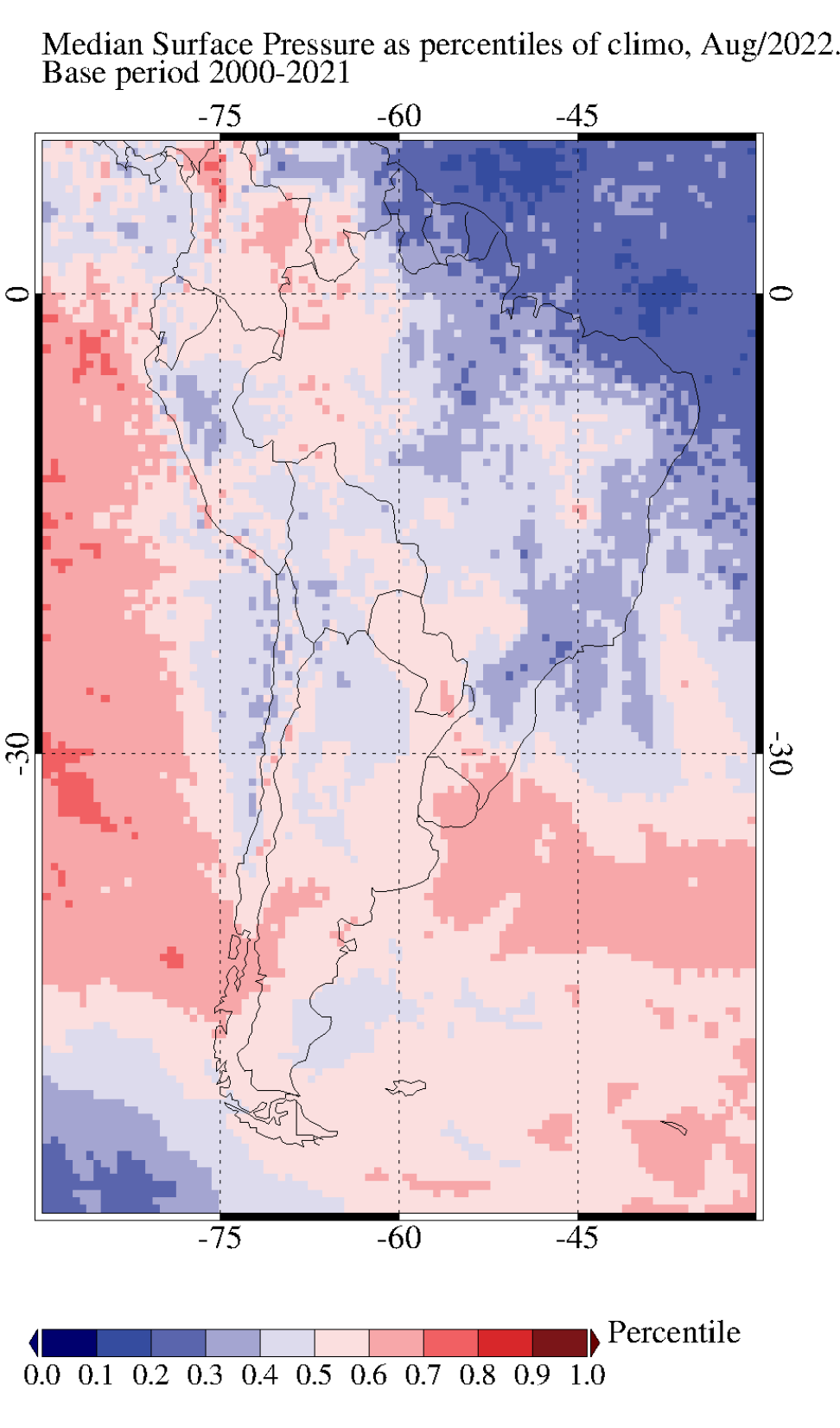 This image shows median surface pressure as percentiles of climatology over South America 