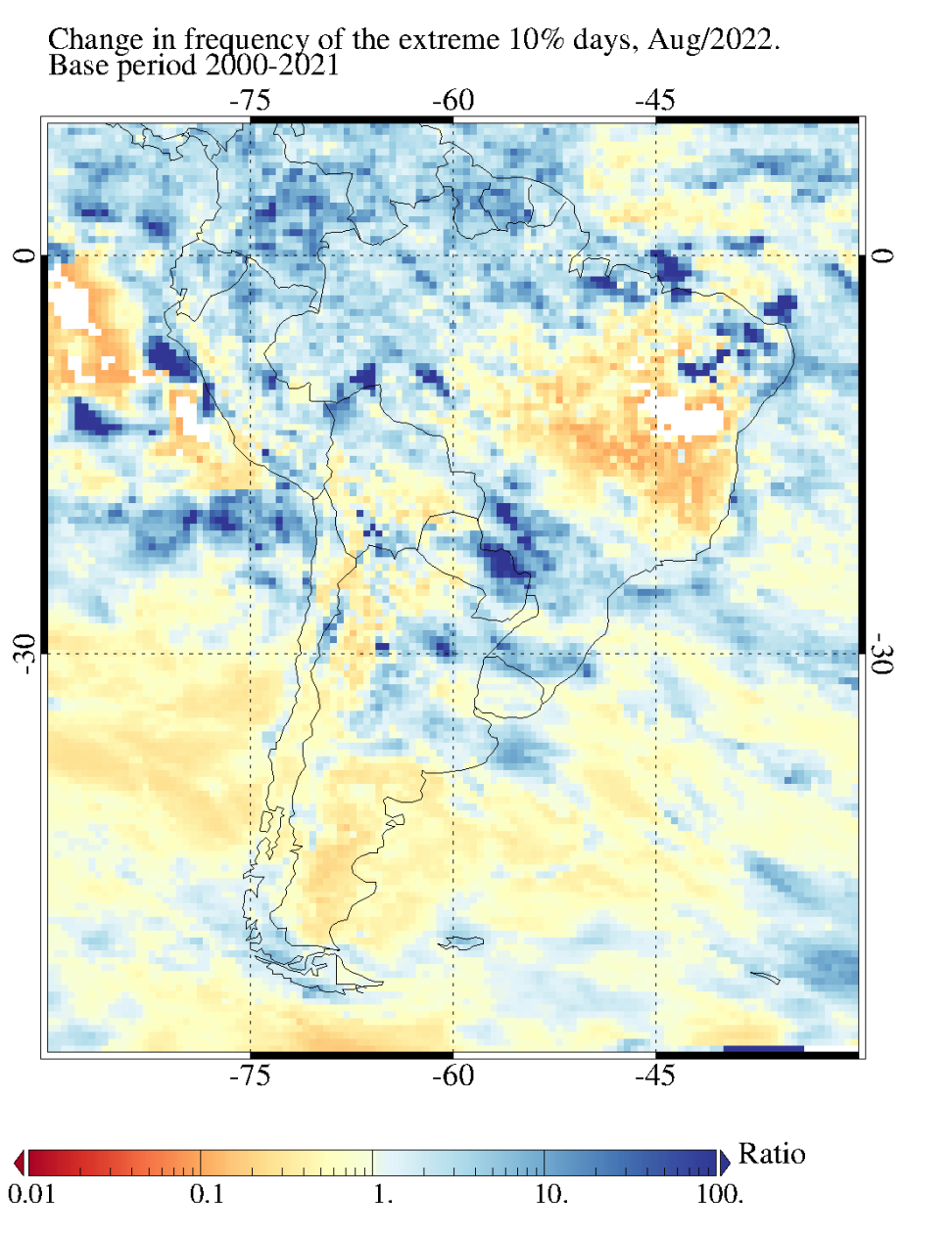 This map shows the change in frequency of the extreme 10% days with the Integrated Multi-satellitE Retrievals for Global Precipitation Measurement (IMERG) Late precipitation anomalies expressed as departures from the climatological mean (base period 2000-2021) for South America during August 2022.